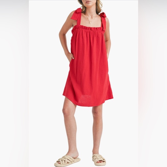 NWT LUSH Red Cotton Shoulder Tie Dress Women’s Size Medium - Picture 2 of 13